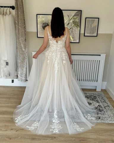 Robe de mariée sexy à fines bretelles et décolleté en V pour femme, dos nu, traîne balayée, application de dentelle, coupe trapèze, Vestido De Novia 