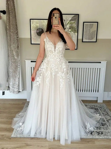 Robe de mariée sexy à fines bretelles et décolleté en V pour femme, dos nu, traîne balayée, application de dentelle, coupe trapèze, Vestido De Novia 