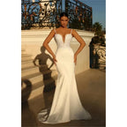 Vestidos de novia sexys con tirantes finos, apliques sexys, escote en V profundo, cola de barrido, estilo sirena, ideales para fiestas formales en la playa o como vestidos de novia. 