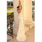 Vestidos de novia sexys con tirantes finos, apliques sexys, escote en V profundo, cola de barrido, estilo sirena, ideales para fiestas formales en la playa o como vestidos de novia. 