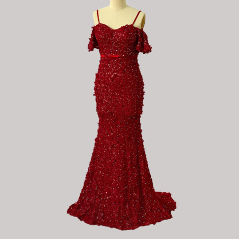 Robe de soirée sirène sexy sans bretelles, manches courtes, broderies et perles, LA6519 