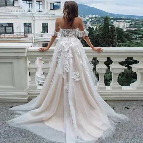 Vestidos de novia sexys de corte A con escote corazón, hombros descubiertos, forro color champán, apliques de tul, sin mangas, vestidos de novia formales para mujer 2023