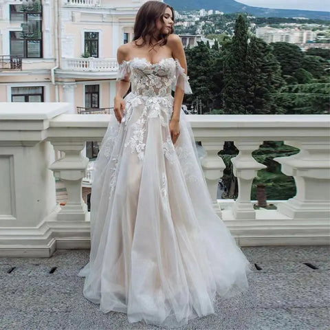 Vestidos de novia sexys de corte A con escote corazón, hombros descubiertos, forro color champán, apliques de tul, sin mangas, vestidos de novia formales para mujer 2023