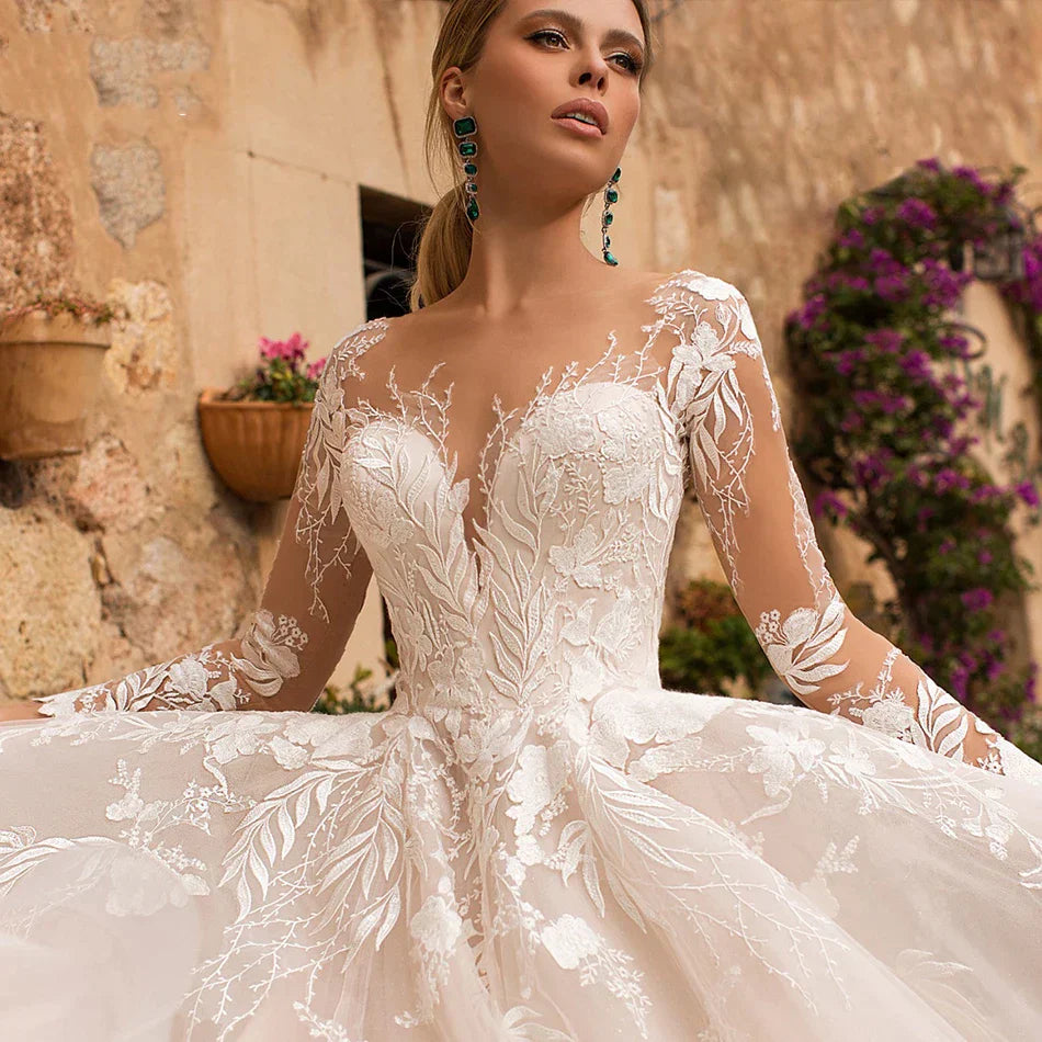 Robe de mariée sexy en dentelle à col en V et applications, collection 2023, manches longues illusion, coupe princesse, style bohème, Vestido De Noiva, pour femme
