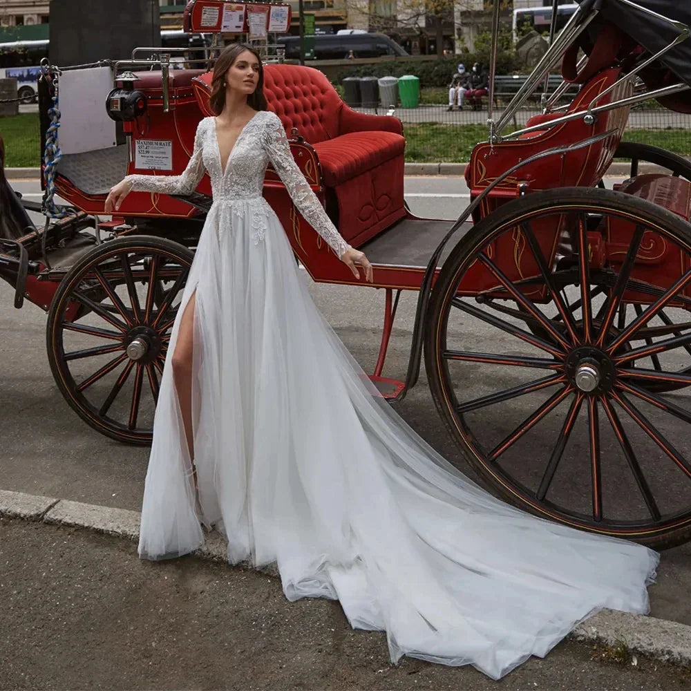 Sexy V Neck Backless Wedding Dresses Lace Long Sleeve Applique Princess Ball Gowns Fluffy A Line Side Slit formal ladies Party