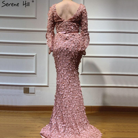 Sale Sexy V-Neck Blush Pink Mermaid Evening Dresses 2025 Handmade Flowers Long Sleves Evening Gowns LA60774