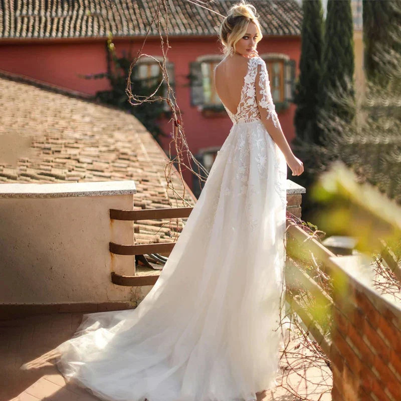 Robes de mariée sexy à col en V, manches longues, applications de dentelle, dos nu, sur mesure