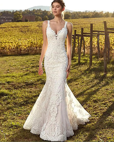 Vestido de novia sirena sexy con escote en V, encaje, estilo boho, sin mangas, botones personalizados, pliegues, espalda ilusión, 2023