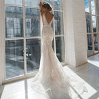 Robes de mariée sirène sexy à col en V avec ceinture, sans manches, dos nu, ornées d'appliqués de dentelle, collection 2022 sur mesure. Vestido De Noiva