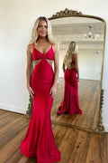 Robe de bal rouge fourreau sexy à fines bretelles spaghetti