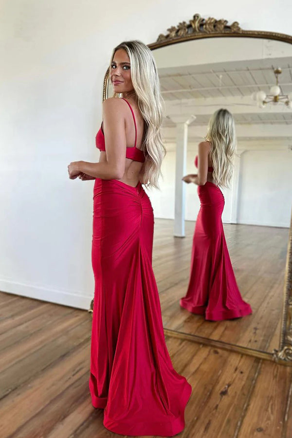 Robe de bal rouge fourreau sexy à fines bretelles spaghetti