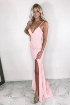 Robe de bal rose sirène à col en V et fente SYP108