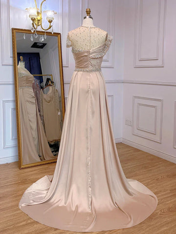 Robe de soirée élégante en satin, style sirène, couleur chair, avec jupe, perles, style arabe, LA71725 