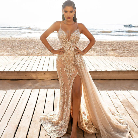 Champagne High Split Evening Dresses Gowns 2025 Mermaid Beaded Elegant Overskirt For Women Party LA71568