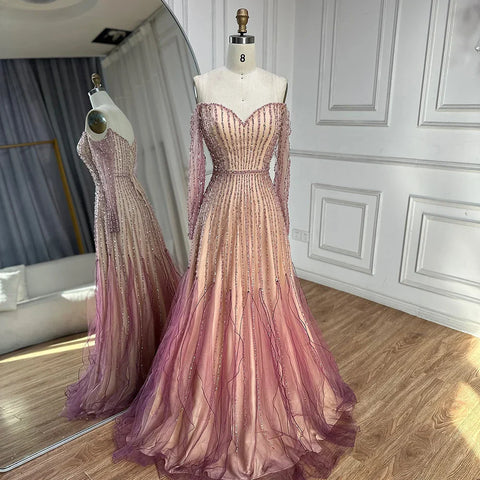 Vestidos de noche largos, elegantes, de corte A, color púrpura árabe, con cuentas, para ocasiones formales LA72752 