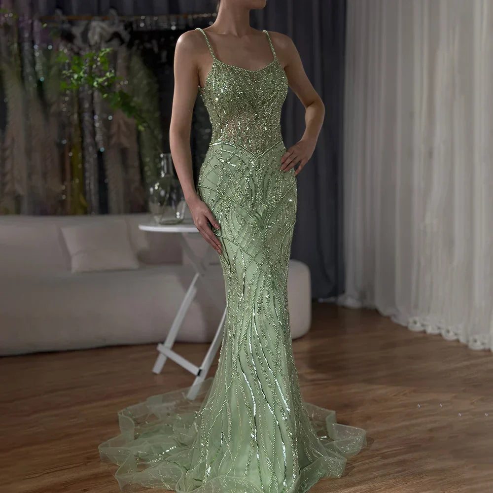 Vestido de noche árabe de sirena con tirantes finos y cuentas color caramelo, modelo LA72733, para ocasiones formales (2025) 
