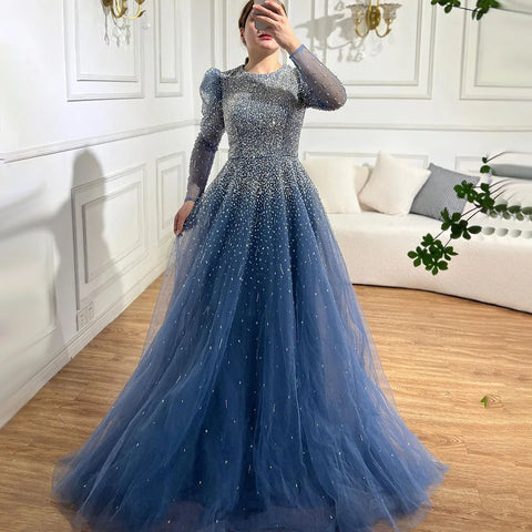 Robe de soirée élégante verte style sirène ornée de perles et manches longues LA71762 