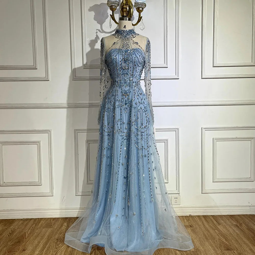 Vestidos de noche de lujo árabes de corte A, encaje azul y cuentas, para mujer, ideales para fiestas en Dubái (LA72704) 
