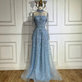 Vestidos de noche de lujo árabes de corte A, encaje azul y cuentas, para mujer, ideales para fiestas en Dubái (LA72704) 