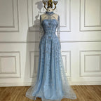 Vestidos de noche de lujo árabes de corte A, encaje azul y cuentas, para mujer, ideales para fiestas en Dubái (LA72704) 