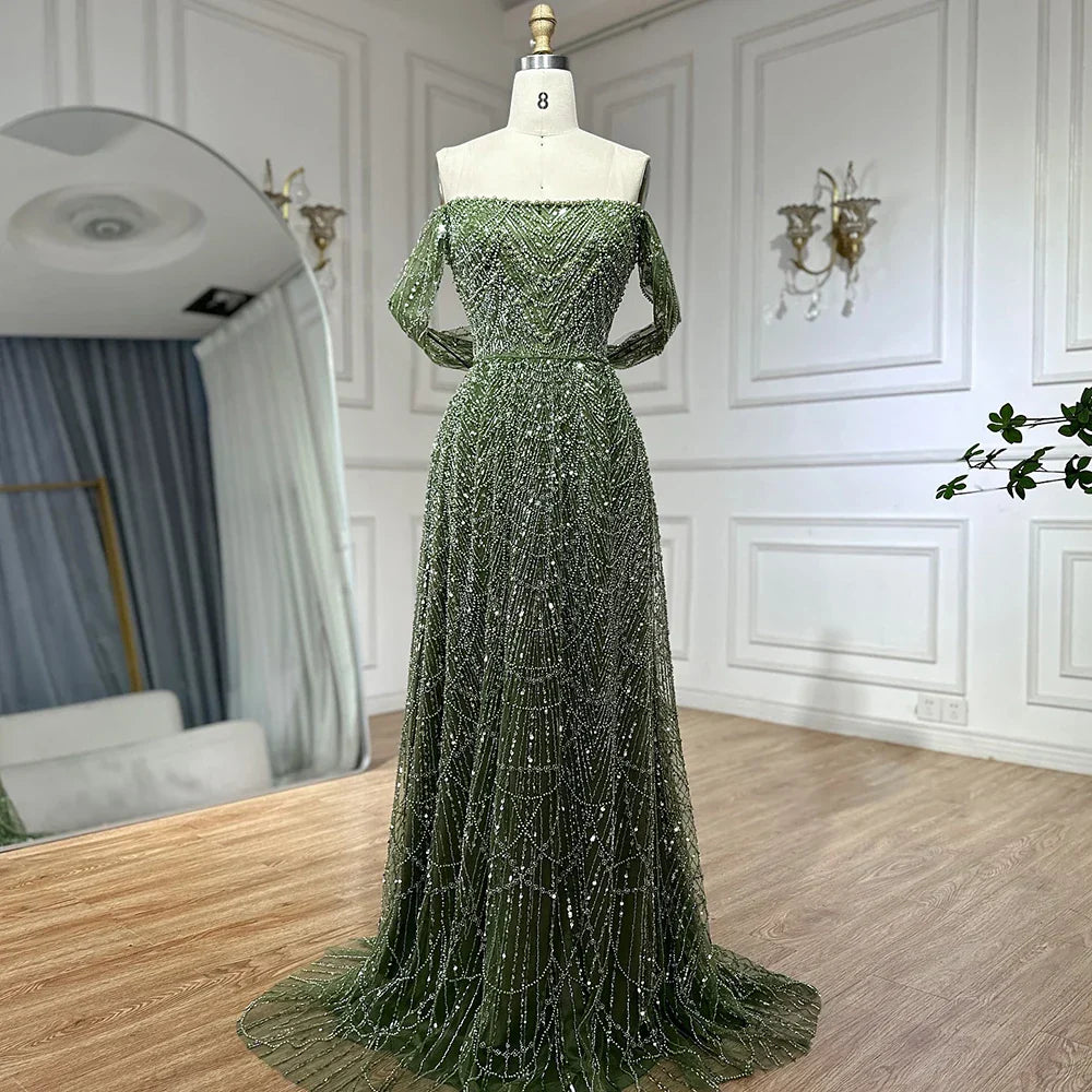 Vestido de noche corte A, color nude, con hombros descubiertos y diseño con perlas para ocasiones formales (LA72738A)