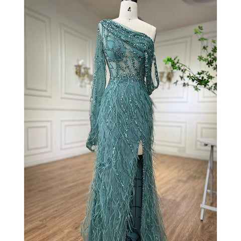 Dubai Eine Shouder Wein Roten Abendkleid Kleider Feder Split Perlen Luxus Meerjungfrau Formale Kleid 2025 LA70513 