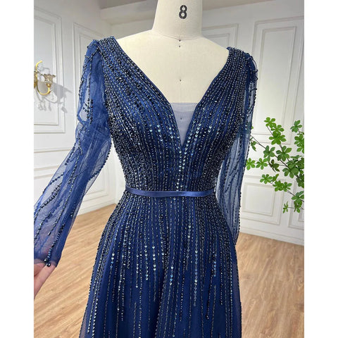 Muslim Navy Long Sleeves A-line Beaded Evening Dresses Forml Occasion Party Gowns For Women LA72019