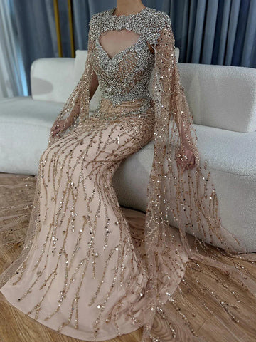 Robe de soirée sirène nude 2025 avec cape amovible en cristal et perles, pour une occasion formelle, LA72539 