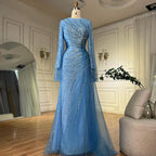 Vestidos de noche saudíes elegantes de color azul con cuentas, estilo árabe, para ocasiones formales (LA72822)