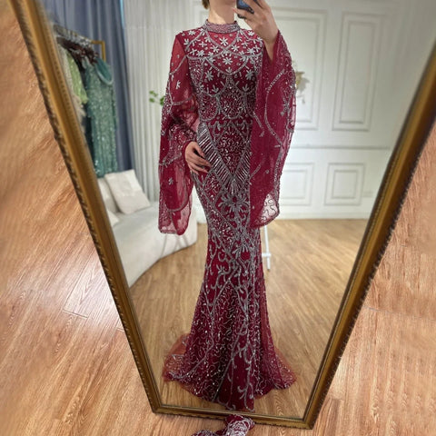 2025 Muslim Nude Mermaid Elegant Bell Sleeve Beaded Luxury Dubai Long Evening Dress for Formal Occasion LA72316A