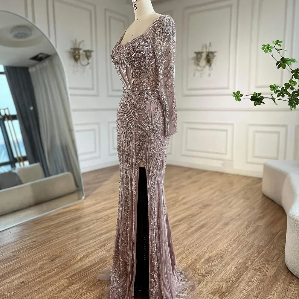 Vestidos de noche de lujo con cuentas para mujer, estilo sirena elegante con abertura, color verde, para bodas en Dubái, Arabia Saudita (LA72518) 