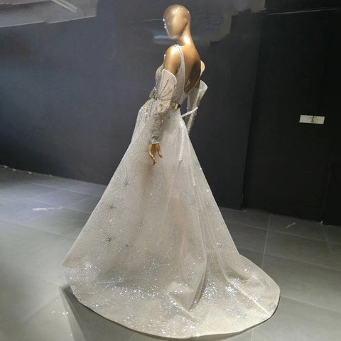 Vestidos de noche plateados con mangas desmontables, vestidos de noche de lujo con cuentas, corte A, para mujer, fiesta, LA71534 