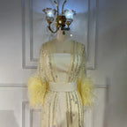 Beaded Feathers A Line Cream Caftan Marocain Femme  Evening Dresses  Arabic  With Jacket   Gown For Party LA71759