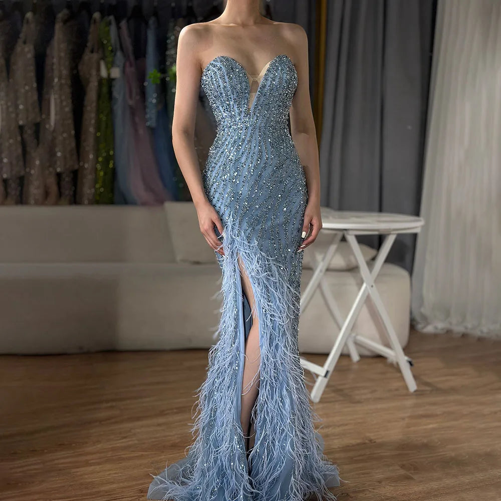 Vestido de noche de lujo árabe sin tirantes, azul con cuentas y plumas, estilo Dubai, con falda lateral, para mujer, ideal para bodas y fiestas (LA72695) 