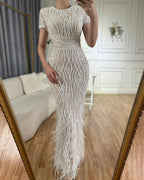 White Nude Ankle Length Beaded Evening Dress with Feathers LA72076A