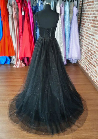 Robe de bal noire style arabe, coupe trapèze, bretelles spaghetti, tulle pailleté, avec applications, pour soirée, LA72689 