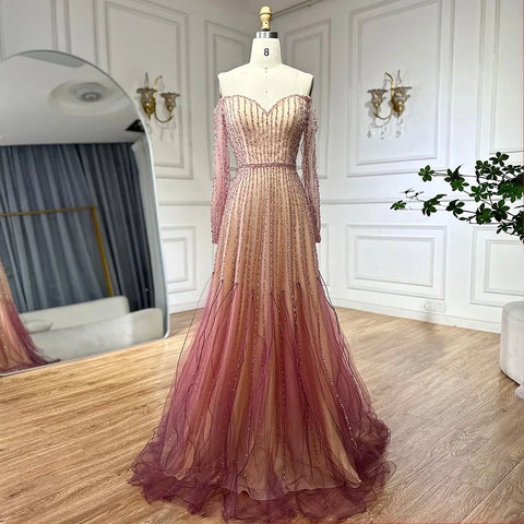 Vestidos de noche largos, elegantes, de corte A, color púrpura árabe, con cuentas, para ocasiones formales LA72752 