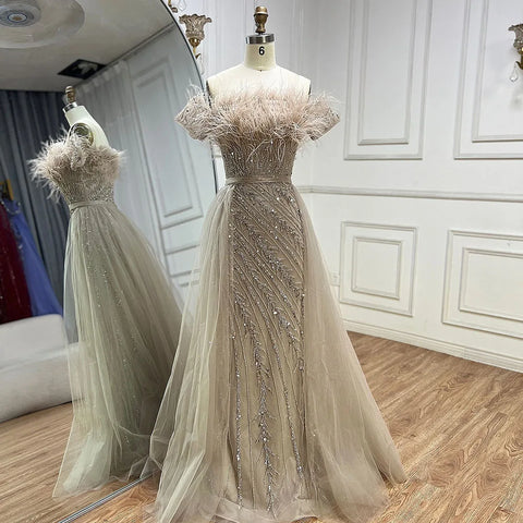 Robe de soirée élégante style sirène, couleur caramel, perles, style arabie saoudite, avec surjupe, pour une occasion formelle, LA71634A, 2025 