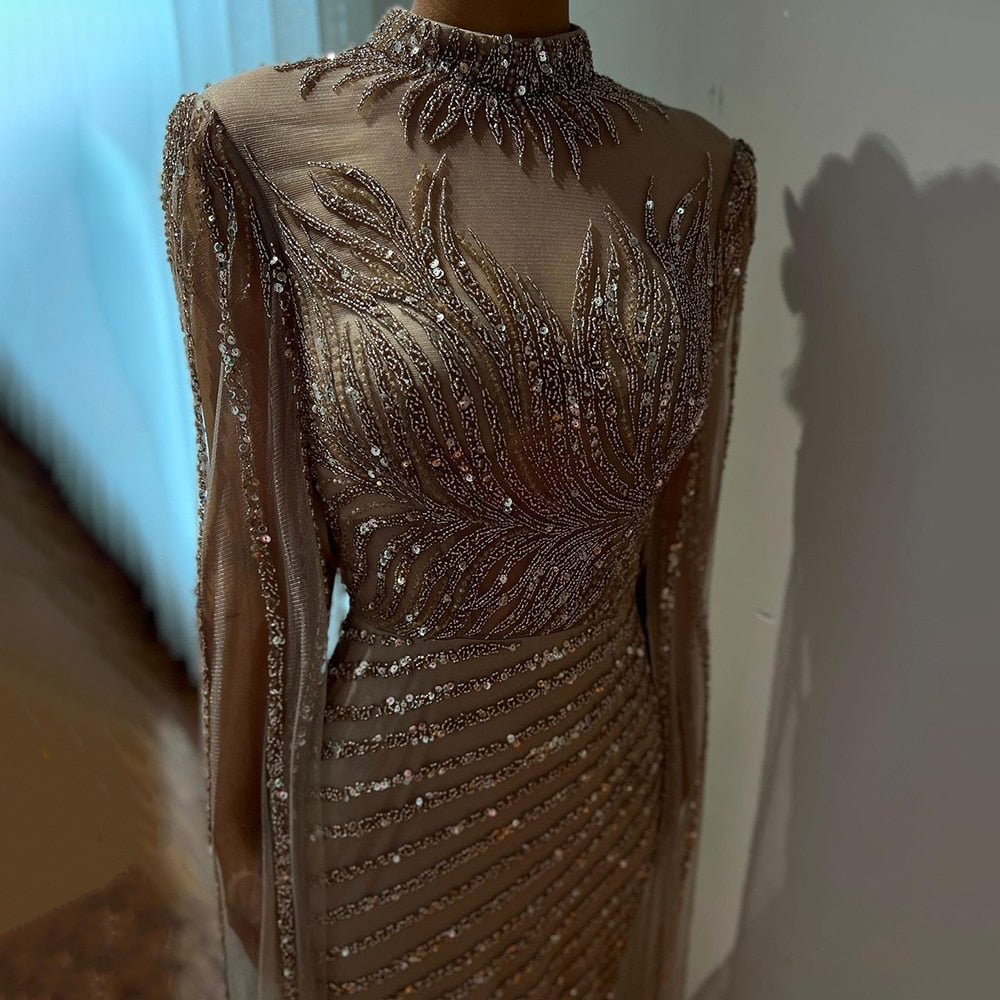 Arabic Caramel Mermaid Sexy Cape Sleeves Lace Beaded Long Evening Dresses Gowns 2025 For Women Wedding Party LA71885