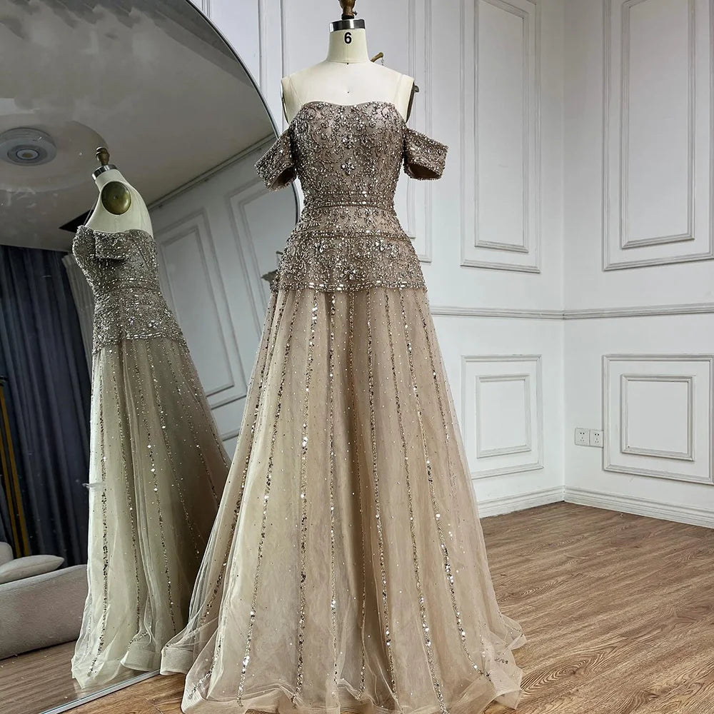 Vestido de noche de lujo color caramelo con hombros descubiertos, corte en A y cuentas, modelo LA72709, para ocasiones formales (2025) 