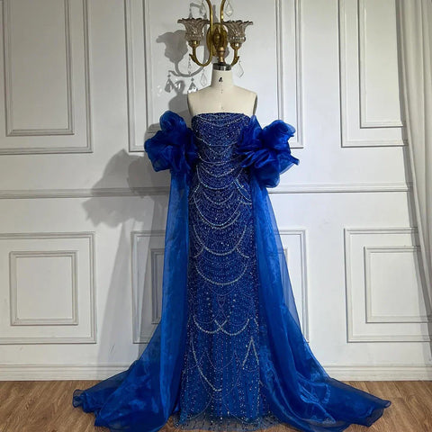 Vestido de noche largo estilo sirena con capa roja, mangas abullonadas y sobrefalda con cuentas, ideal para fiestas femeninas LA72585 