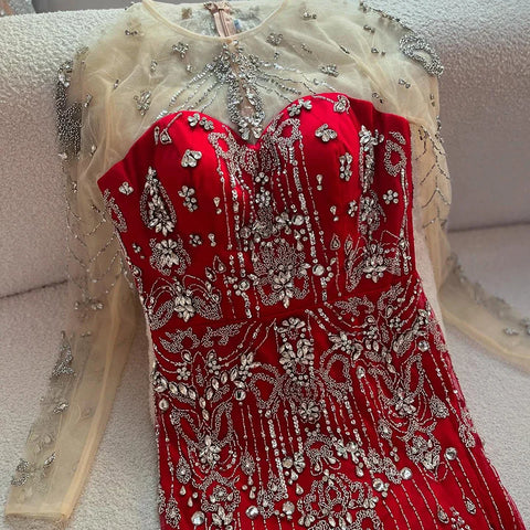 Vestidos de noche de lujo azules con cuentas, de manga larga y sobrefalda LA72757