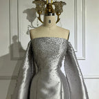 Vestido de noche de lujo 2025, corte A, satén gris, con hombros descubiertos y perlas, ideal para ocasiones formales (LA72779) 