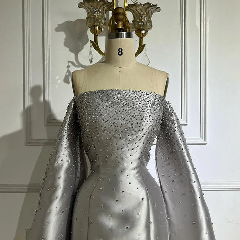 2025 Luxury Off Shoulder A Line Gray Satin Evening Gown Pearl Beaded for Formal Occasion LA72779