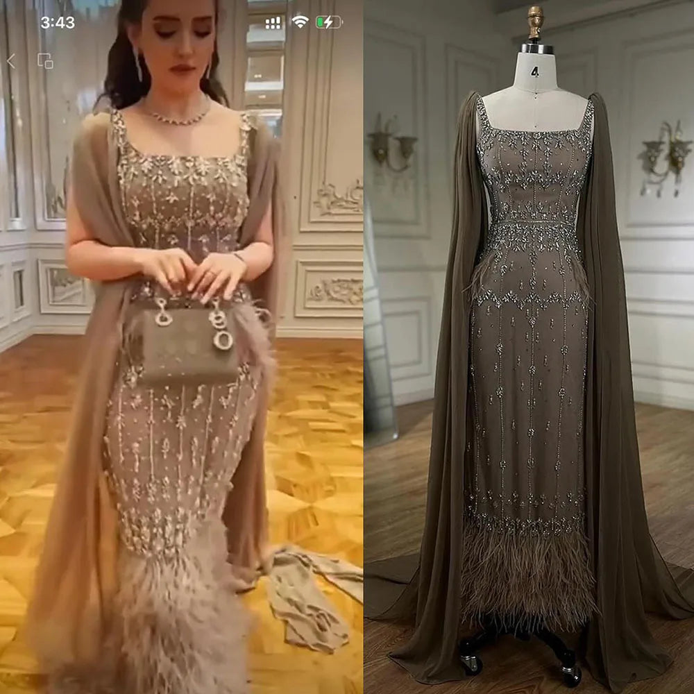 Caramel Mermaid Ankle Length Beaded Evening Dress Gown with Feathers LA71492B
