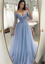 Vestido de fiesta de tul azul árabe corte A con hombros descubiertos y pliegues para mujer LA72690 (modelo 2025) 