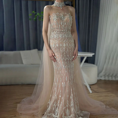 2025 Nude Beaded Spaghetti Strap Design Mermaid Evening Dresses Gowns with Long Cape for Formal Occasion LA72711