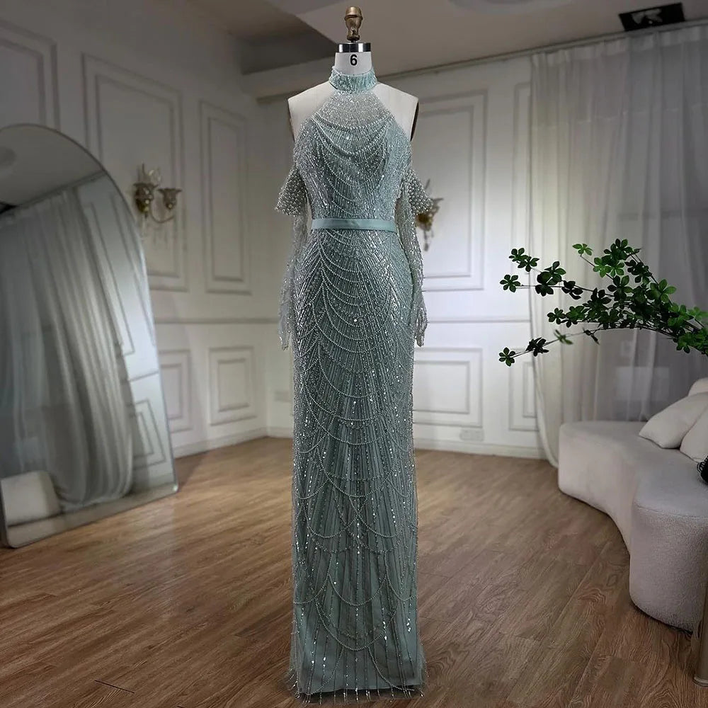 Dubai Arabia Luxury Evening Dresses Gowns 2025 for Women Nude Mermaid With Gloves for Wedding Parties LA72032A