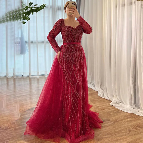 Blue Mermaid Luxury Pearls Beaded Arabic Elegant Evening Dresses Gowns For Woman Wedding Party LA71861