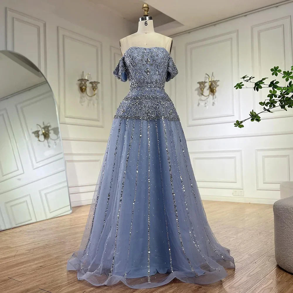 Vestido de noche de lujo color caramelo con hombros descubiertos, corte en A y cuentas, modelo LA72709, para ocasiones formales (2025) 